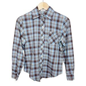 Vintage 70s Blue & Brown Plaid Lightweight Cotton Blend Button Up Shirt